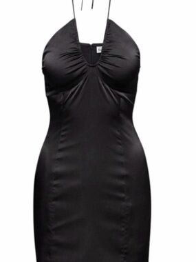 ARITZIA Sunday best black satin body con halter mini dress